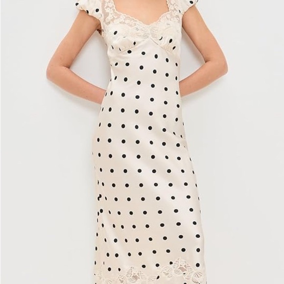 Camila Coelho Dresses & Skirts - Ivory Satin Polka Dot Slip Dress with Lace Trim Dupe to Free People